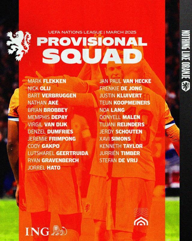 开云中国-荷兰公布新一期大名单：德利赫特和齐尔克泽落选